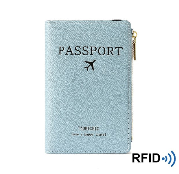 Pasaportera de cuero, tipo billetera con bloqueo RFID color azul