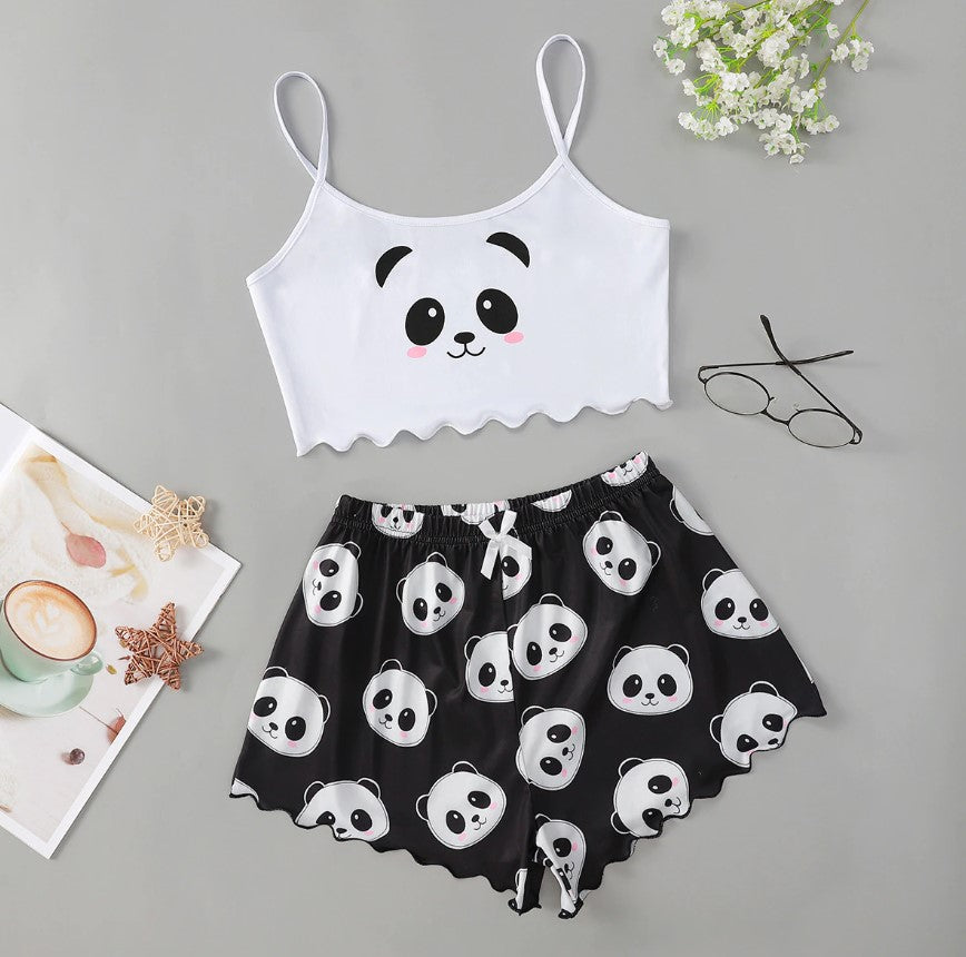 Pijama de panda 2 piezas top de tirantes y short estampado color blanco y negro