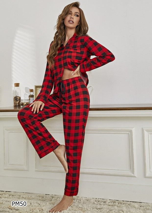 Pijama 2 piezas manga larga y pantalón cuadriculado color rojo